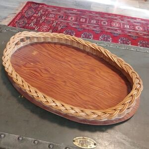 Vintage Oval Wood Serving Tray Woven Wicker Rattan Gallery Bead Accents 16x10